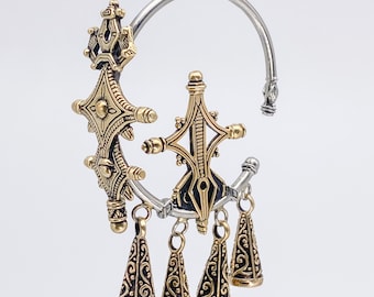 Silver & Gold Brass Hoop Earrings, Crescent Moon Tassel Ear Weights 6 gauge