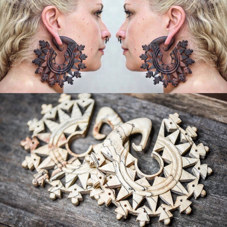 Mandala Earrings White Wood Hoop Gauges Tribal Image 0