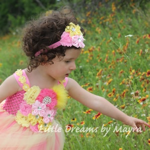 Pink lemonade tutu dress and matching headpiece, Bubblegum pink and yellow flower girl tutu dress, pink and yellow birthday tutu dress