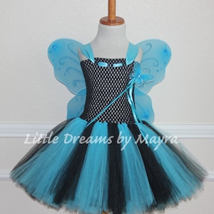 Affordable Blue monarch butterfly inspired tutu dress with wings, wand and hairclip, Black and turquoise butterfly outfit size nb to 14years