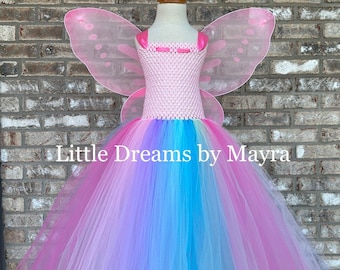 Affordable pastel rainbow butterfly tutu dress with large or small wings, Princess fairy butterfly costume size newborn to 14years