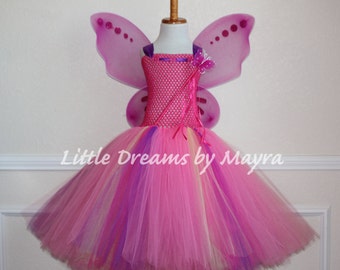 Affordable pink butterfly tutu dress with wings, wand and hairclip, Princess fairy butterfly costume size newborn to 14years