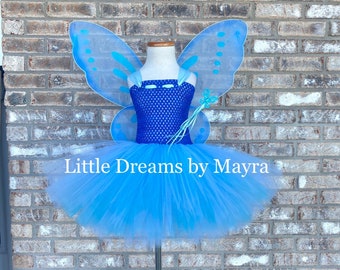 Blue butterfly tutu dress with wings, wand and hairclip, Princess fairy butterfly costume size newborn to 14years