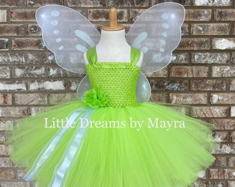 White wings and green tutu dress, Green Fairy inspired tutu dress with wings and hairclip size newborn to 10years