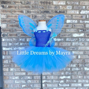 Blue butterfly tutu dress with wings, wand and hairclip, Princess fairy butterfly costume size newborn to 14years