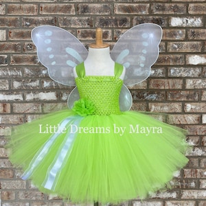 White wings and green tutu dress, Green Fairy inspired tutu dress with wings and hairclip size newborn to 10years