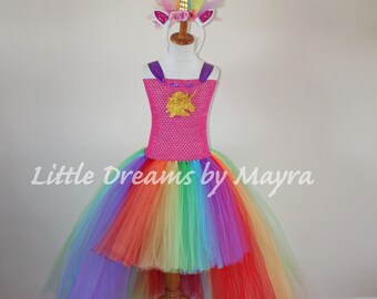 High low rainbow unicorn tutu dress, Gold unicorn tutu dress and headband, Low High Rainbow Unicorn birthday party outfit size nb to 14years