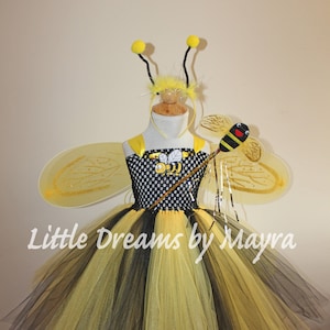 Bumble bee costume, Bumble bee tutu dress with wings, wand and matching hairpiece, Bumble bee birthday party outfit size nb to 14years