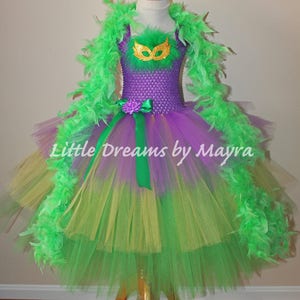Mardi gras inspired tutu dress with feather boa available in size 12months to 12years