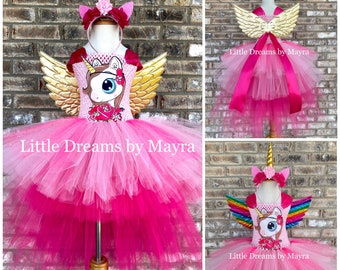 High low Unicorn tutu dress, rainbow or gold wings and headband, Unicorn birthday party dress, unicorn birthday costume size nb to 14years