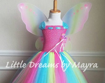 Affordable rainbow butterfly tutu dress with wings, wand and hairclip, Princess fairy butterfly costume size newborn to 14years