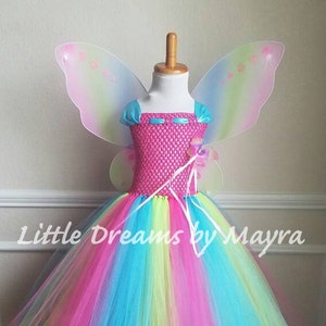 Affordable rainbow butterfly tutu dress with wings, wand and hairclip, Princess fairy butterfly costume size newborn to 14years