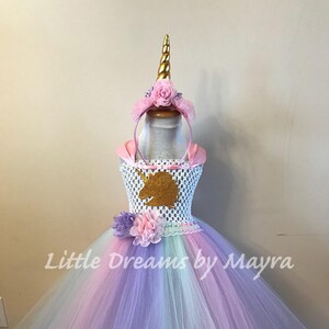 Gold unicorn birthday tutu dress and headband, Unicorn birthday party, pink, lavender and mint unicorn birthday costume size nb to 14years
