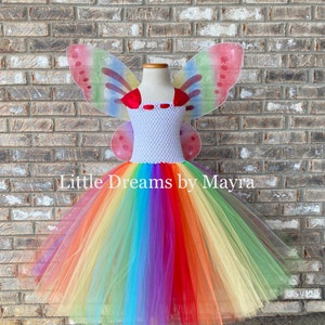 Bright rainbow butterfly tutu dress with wings, and hairpiece, Princess fairy butterfly costume size newborn to 14years