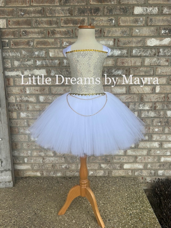 Gold and white tutu dress, Gold chain tutu dress, Gold pop star inspired  tutu dress, nutcracker costume size nb to 14 years