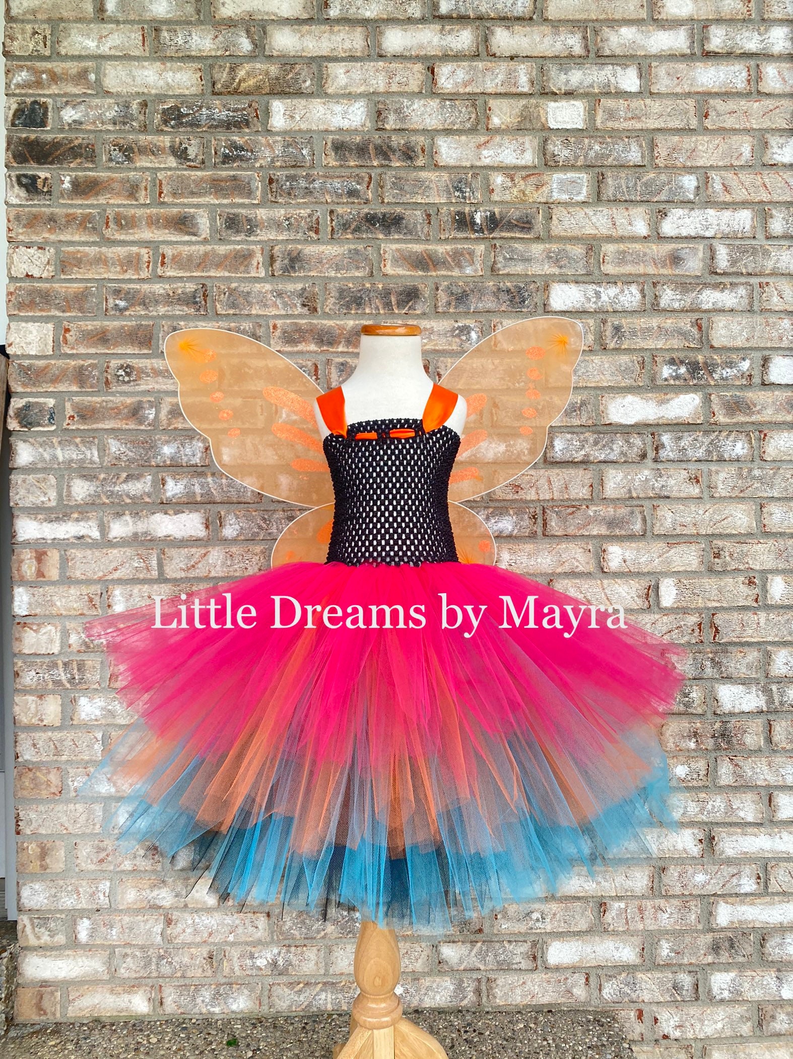 Orange butterfly tutu dress with wings, hot pink and Orange butterfly costume, Halloween Princess fairy costume size newborn to 14years