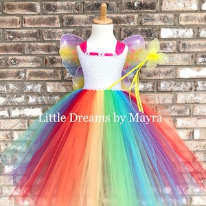 Affordable rainbow butterfly tutu dress with wings, wand and hairclip, Princess fairy butterfly costume size newborn to 16 years
