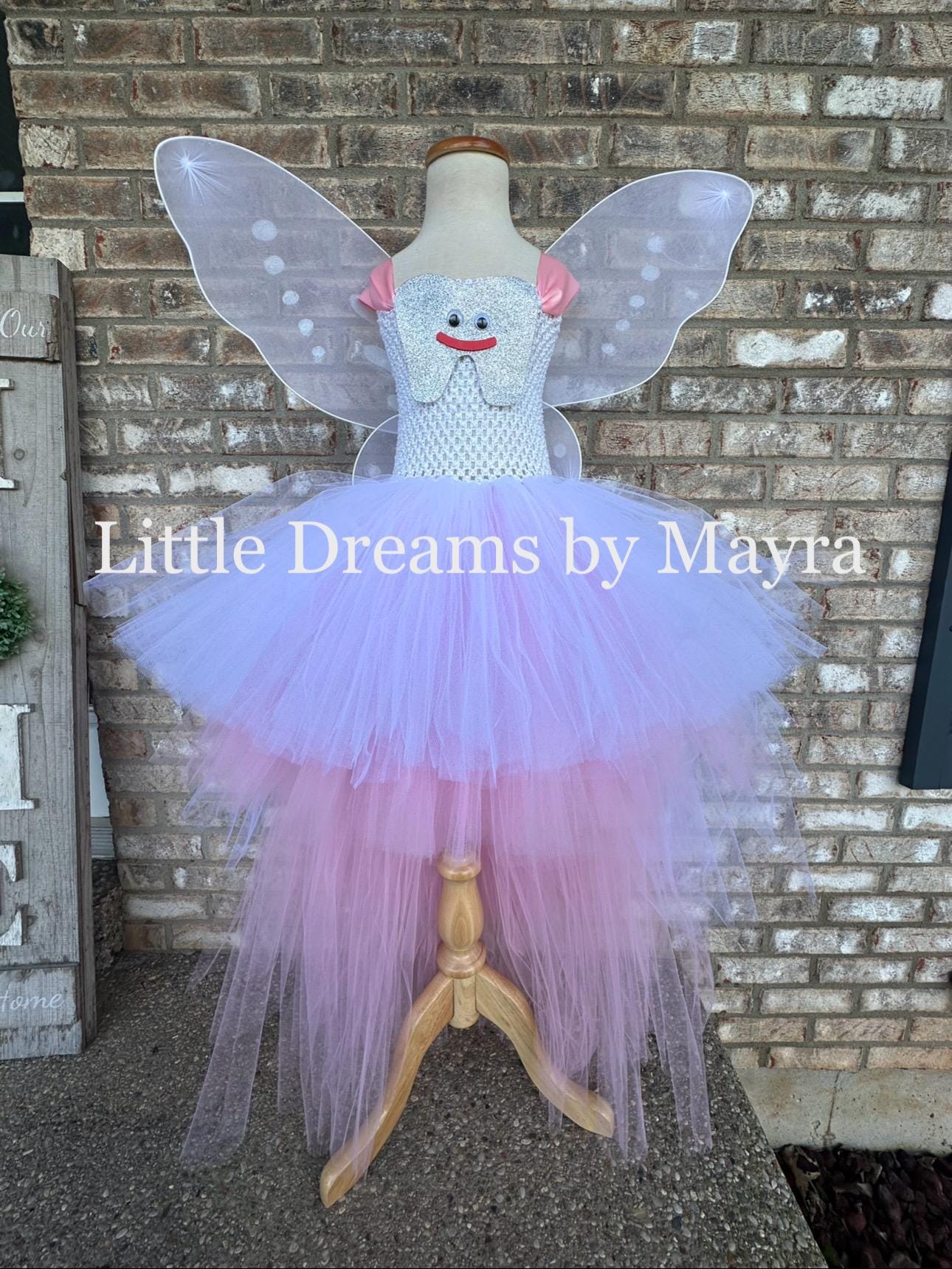Tooth fairy inspired dress with wings and hairpiece, size newborn to 14years, high low white and silver fairy tutu dress