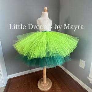 K&ouml;nnte beinhalten: Ein gr&uuml;ner und lindgr&uuml;ner T&uuml;ll-Tutu-Rock mit einem gr&uuml;nen elastischen Bund. Der Rock befindet sich auf einer wei&szlig;en Schaufensterpuppe. Der Text "Little Dreams by Mayra" ist im Bild sichtbar.