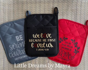 Pannenlap met Bijbeltekst, gepersonaliseerde pannenlap als keukencadeau, housewarmingcadeau, keukenpannenlap