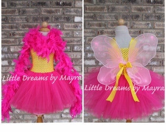 Hot pink and yellow Fancy inspired costume, pink butterfly inspired tutu dress, Fancy boa tutu dress size nb to 12years