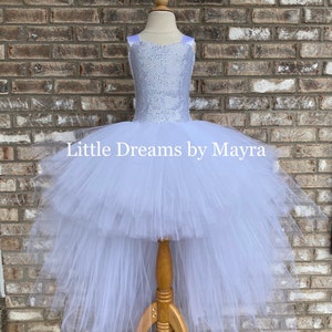 High Low Silber Tutu Kleid, Weiß und Silber Geburtstag Tutu Kleid, Low High Geburtstags-Party Outfit Größe nb bis 14Jahre
