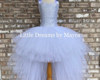 High low silver tutu dress, White and silver birthday tutu dress, Low High birthday party outfit size nb to 14years