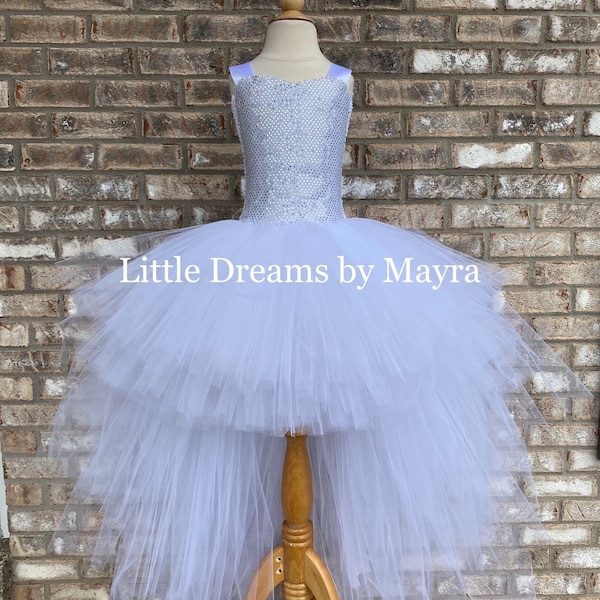 High low silver tutu dress, White and silver birthday tutu dress, Low High birthday party outfit size nb to 14years