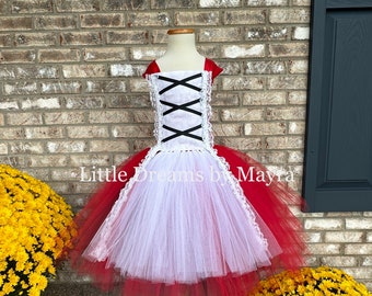 Robe tutu rouge, robe tutu d'inspiration paysanne, robe tutu rouge et blanche, robe tutu costume d'Halloween taille nb à 12 ans