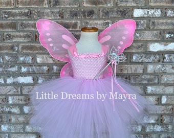 Pink Princess fairy tutu dress with wings, wand and hairpiece, Princess fairy butterfly costume size newborn to 14years