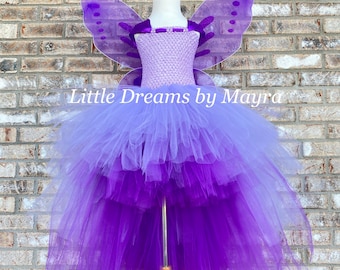 Purple or pink fairy dress with wings and hairpiece, size newborn to 14years, high low Purple butterfly tutu dress