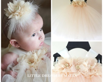 Beige flower girl tutu dress and matching hairpiece / birthday tutu dress / baby tutu / beige dress size nb to 4T