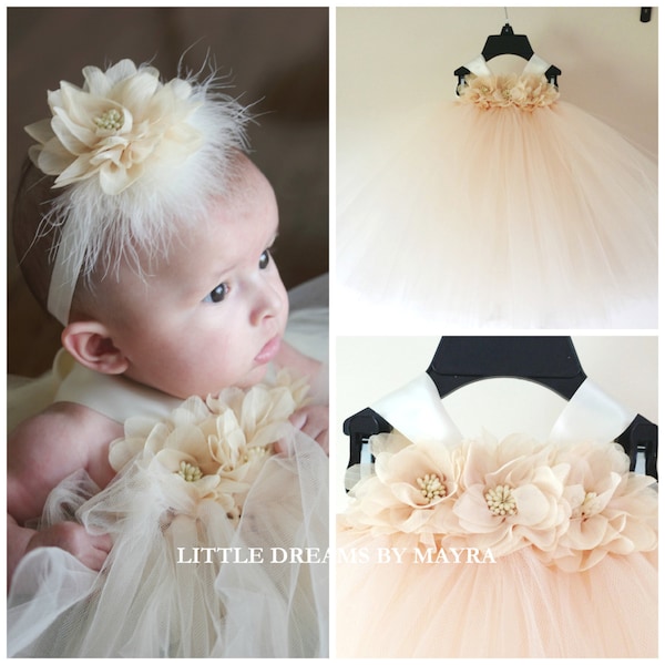 Beige flower girl tutu dress and matching hairpiece / birthday tutu dress / baby tutu / beige dress size nb to 4T