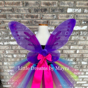 Affordable Neon rainbow butterfly tutu dress with wings and hairpiece, Princess fairy butterfly costume size newborn to 9 years