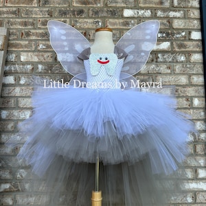Tooth fairy inspired dress with wings and hairpiece, size newborn to 14years, high low white and silver fairy tutu dress