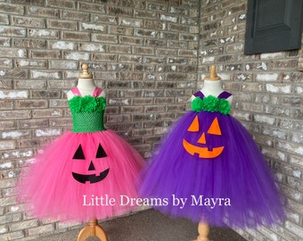 Colorful pumpkin costume, Pink Pumpkin tutu dress and matching hairpiece, Purple pumpkin tutu costume size nb to 12 years