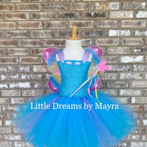 Turquoise and lavender butterfly tutu dress with wings, wand and hairclip, Princess fairy butterfly costume size newborn to 14years