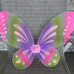 Può includere: Un paio di ali da fata a forma di farfalla rosa, verde e viola con una finitura scintillante. Le ali sono realizzate in tessuto trasparente e hanno un design delicato e fantasioso.