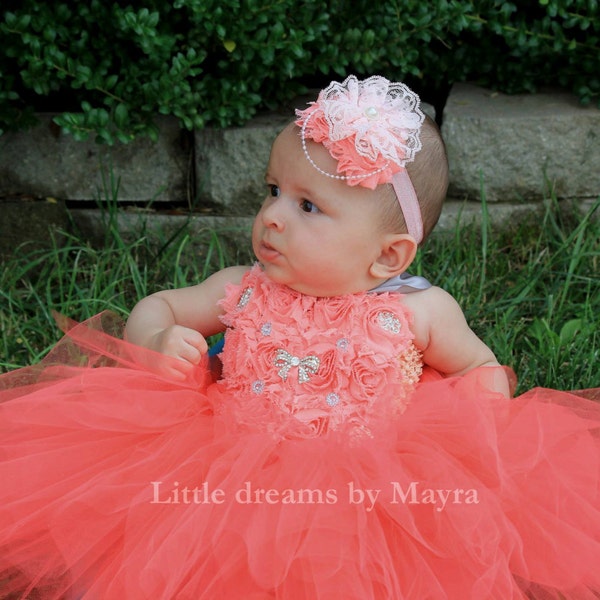 Coral flower girl tutu dress and matching hair piece size nb to 9years