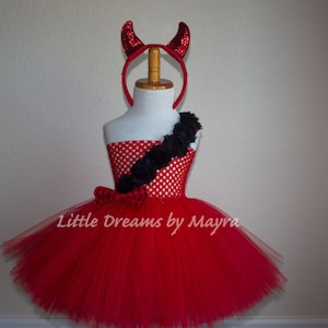 Darling Devil tutu dress with headband and trident, Devil costume size nb to 12years