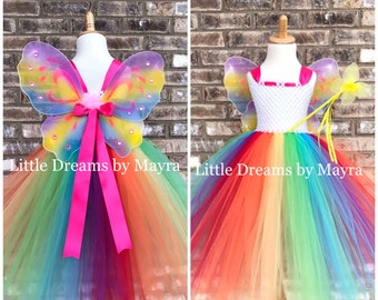 Affordable rainbow butterfly tutu dress with wings, wand and hairclip, Princess fairy butterfly costume size newborn to 16 years