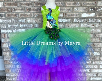 Peacock high low tutu dress, Zoo birthday tutu dress, Fairy garden tutu birthday party outfit size nb to 14year