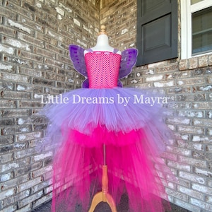 Lavender and Pink fairy dress with wings and hairpiece, size newborn to 14years, high low Purple butterfly tutu dress