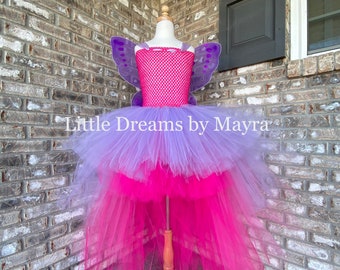 Lavender and Pink fairy dress with wings and hairpiece, size newborn to 14years, high low Purple butterfly tutu dress