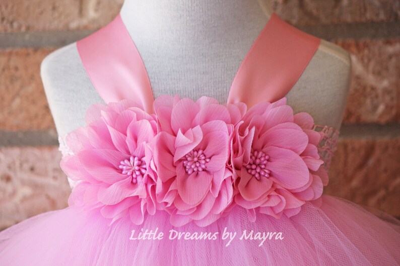 K&ouml;nnte beinhalten: Rosa T&uuml;ll-Tutu-Kleid mit einem rosa Satinband-Mieder und drei gro&szlig;en rosa Stoffblumen. Das Kleid hat den Text "Little Dreams by Mayra" auf dem Rock.