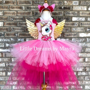 High low Unicorn tutu dress, rainbow or gold wings and headband, Unicorn birthday party dress, unicorn birthday costume size nb to 14years
