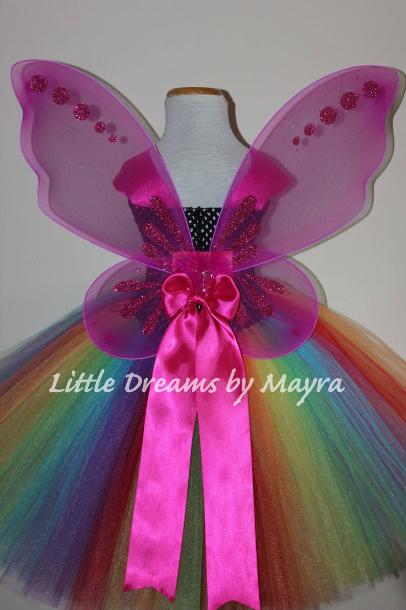 Rainbow butterfly tutu outfit, Halloween butterfly with wings, wand and hairclip, Princess fairy butterfly costume size newborn to 14years image 3