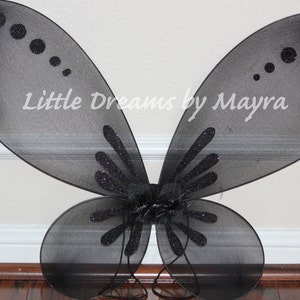May include: Black butterfly wings with purple glitter accents. The wings are made of sheer fabric and have a wire frame for support. The text "Little Dreams by Mayra" is printed on the wings.