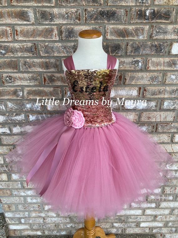Personalized Rose gold sequin tutu dress, Flip sequin tutu dress, Rose gold birthday outfit size nb to 12 years