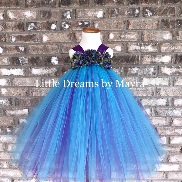 Peacock flower girl tutu dress and matching hairpiece, Purple and turquoise birthday tutu dress available in any size nb to 4T